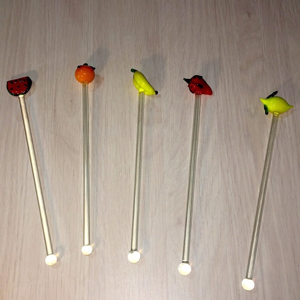 Set of 5 Hand Blown Glass Fruit Theme Swizzle Sticks for Home Bar Tropical Drink